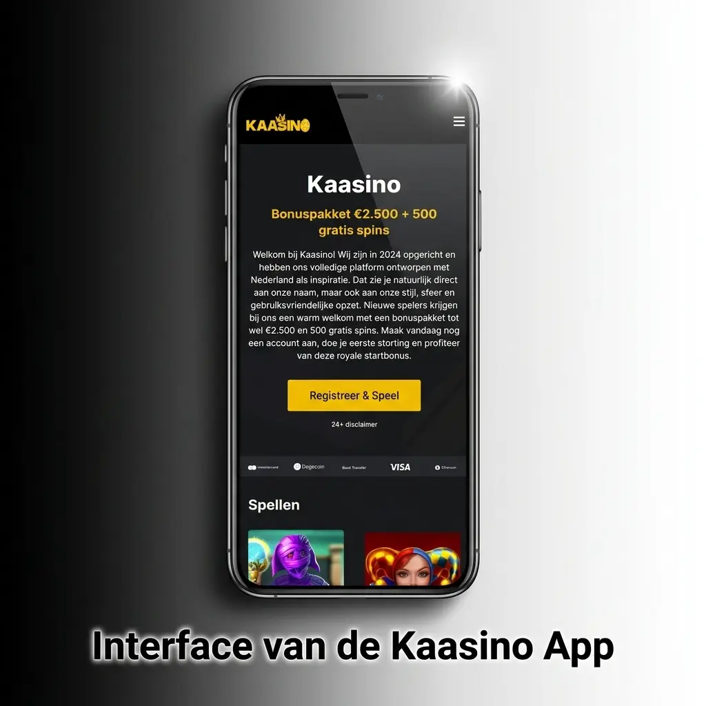 Interface van de Kaasino app met donker kleurenschema en gele accenten