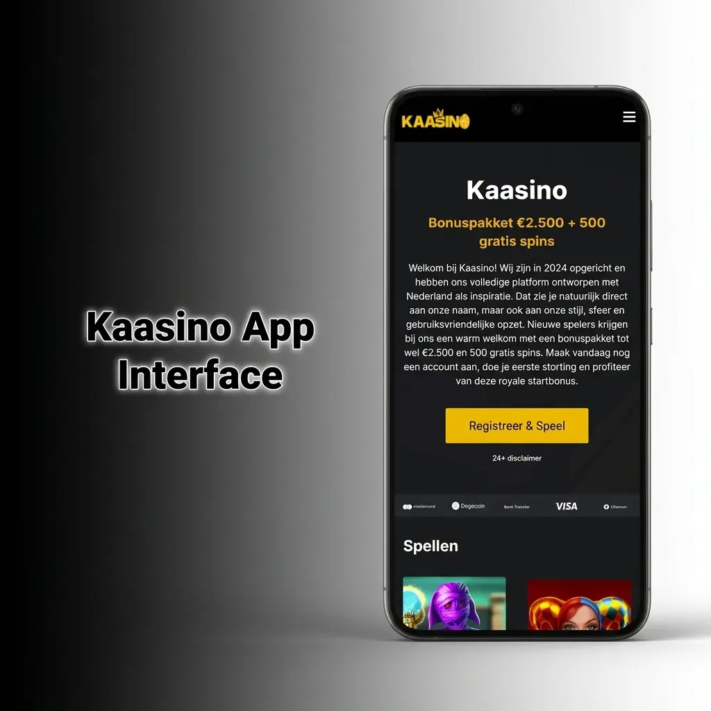 Kaasino app interface met donker kleurenschema en gele accenten